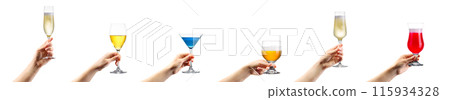 Set of hands holding different cocktails, champagne and beer isolated on black 115934328
