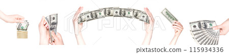 Hand giving money to other hand isolated on white background Hand giving money to other hand isolated on white background 115934336