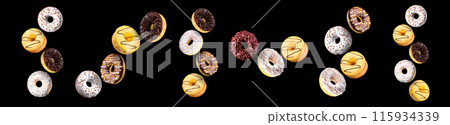 Set of flying glazed donuts with sprinkles on a black background Set of flying glazed donuts with sprinkles on a black background 115934339