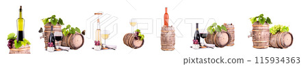 Wine bottles and glasses, an assortment of grapes and cheese isolated on white Wine bottles and glasses, an assortment of grapes and cheese isolated on white 115934363