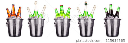 Champagne and beer bottle in a bucket with ice isolated on the white 115934365