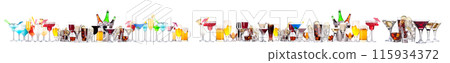 Different alcohol cocktails like beer, martini, soda, champagne, whiskey 115934372