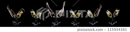Set of luxury champagne glasses with splashes on isolated on a black background 115934381