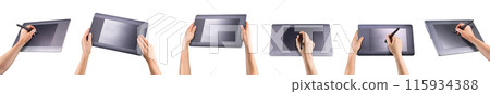 Hand holding digital graphic pen and drawing graphic tablet on white background 115934388