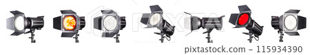 Photography studio flash isolated on white background with lamp. Photography studio flash isolated on white background with lamp. 115934390