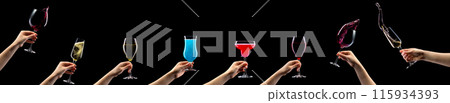 Woman hands holding cocktails, champagne and beer glasses isolated on black. Woman hands holding cocktails, champagne and beer glasses isolated on black. 115934393