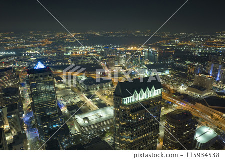 Night urban landscape of downtown district of Tampa city in Florida, USA. Skyline with brightly illuminated high skyscraper buildings in modern american megapolis 115934538