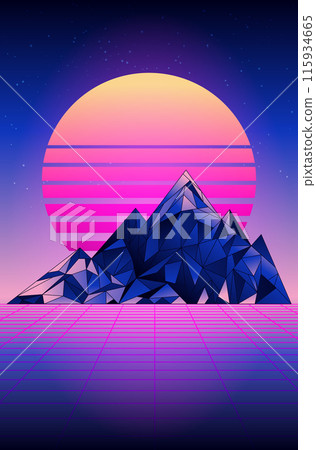 Futuristic neon retrowave background with mountains 115934665