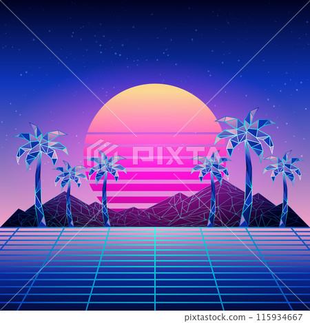 Futuristic neon low poly mountains and palm trees 115934667