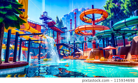 Painting of water park with water slide and splash pool. 115934698