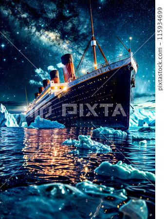 Painting of cruise ship in the ocean surrounded by icebergs. 115934699
