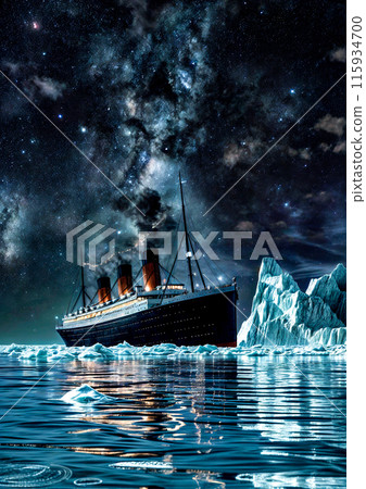 Large boat floating on top of body of water under night sky filled with stars. 115934700
