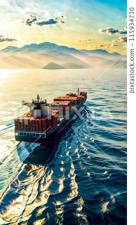 Large cargo ship in the middle of the ocean with mountains in the background. 115934710