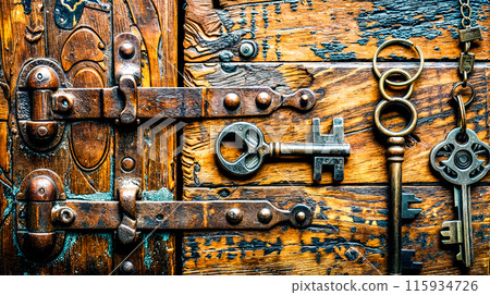 Close up of door with bunch of keys on the handle. 115934726