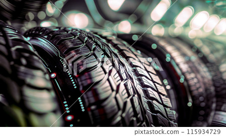 Close up of car tire on reflective surface with lights in the background. 115934729