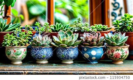 Group of potted plants sitting on top of window sill. 115934750