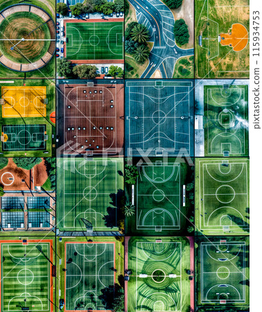 Aerial view of basketball court and basketball court in the middle of field. Aerial view of basketball court and basketball court in the middle of field. 115934753