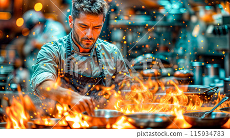 Man in apron cooking on grill with flames in front of him. 115934783