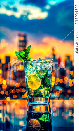 Glass of lemonade with mint on table in front of cityscape. Glass of lemonade with mint on table in front of cityscape. 115934803