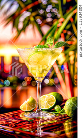 Glass of lemonade with limes and mints on table. 115934804