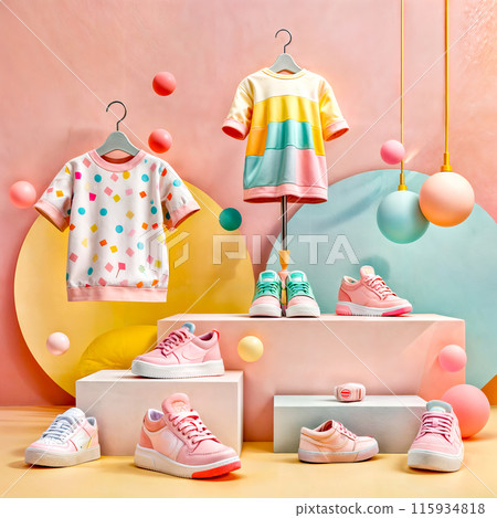 Display of baby's clothing and shoes in pink and yellow room. Display of baby's clothing and shoes in pink and yellow room. 115934818