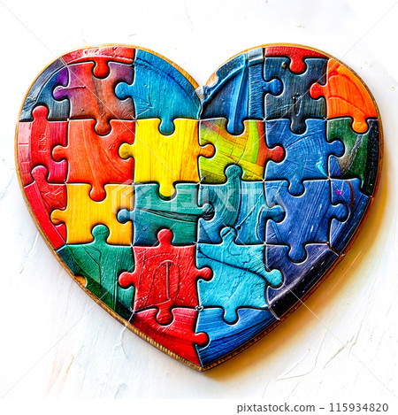 Colorful heart shaped puzzle on white surface with missing puzzle piece. Colorful heart shaped puzzle on white surface with missing puzzle piece. 115934820