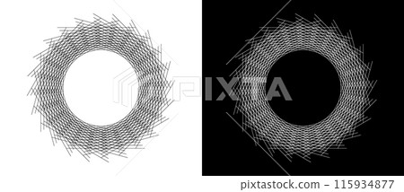 Many lines in a circle. Chaos and order concept. A black figure on a white background and the same white figure on the black side. Many lines in a circle. Chaos and order concept. A black figure on a white background and the same white figure on the black side. 115934877