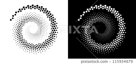 Halftone dots in spiral. Modern abstract background. Design element or icon, logo. Black shape on a white background and the same white shape on the black side. 115934879