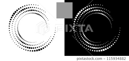Abstract background with squares in circle. Art design spiral as logo or icon. A black figure on a white background and an equally white figure on the black side. Abstract background with squares in circle. Art design spiral as logo or icon. A black figure on a white background and an equally white figure on the black side. 115934882