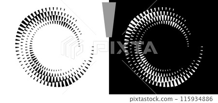 Spiral dotted background with quadrangles. Design element or icon. Black shape on a white background and the same white shape on the black side. Spiral dotted background with quadrangles. Design element or icon. Black shape on a white background and the same white shape on the black side. 115934886