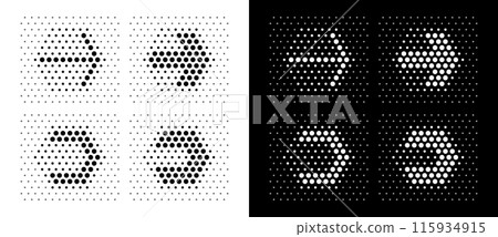 Modern abstract dotted arrows in hexagon shape. Black shapes on a white background and the same white shapes on the black side. Modern abstract dotted arrows in hexagon shape. Black shapes on a white background and the same white shapes on the black side. 115934915