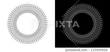 Modern abstract background. Halftone dots in circle form. Round logo, design element or icon. Vector dotted frame. A black figure on a white background and an equally white figure on the black side. 115934939