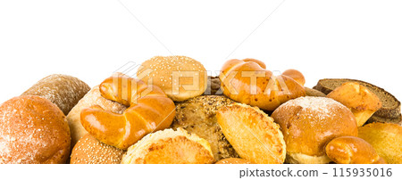 Croissants and sweet pastries isolated on white. Free space for text. Wide photo. 115935016