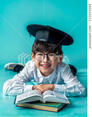 A young boy wearing a black graduation cap 115935084