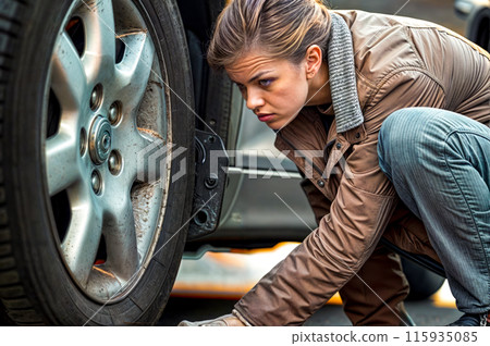 Woman working on car tire with her hand on the rim of the car. Woman working on car tire with her hand on the rim of the car. 115935085