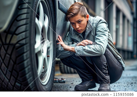 Man leaning against car tire with his hand on the tire rim. 115935086