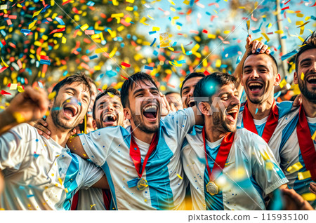 Group of men standing next to each other with confetti in front of them. 115935100