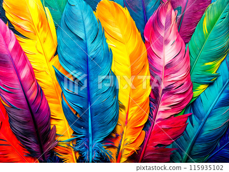 Group of colorful feathers sitting on top of pile of other feathers. 115935102