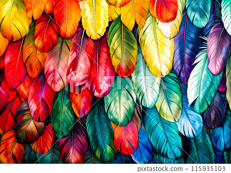 Painting of bunch of different colored leaves on black background with red, yellow, blue, green, orange, and red color scheme. 115935103