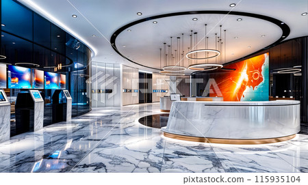 Lobby with marble counter top and circular chandelier hanging from the ceiling. 115935104