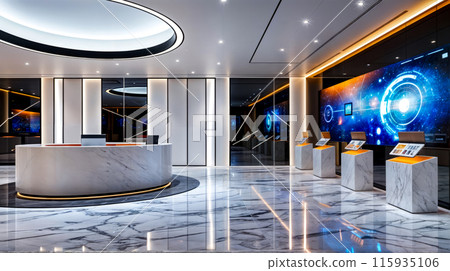Lobby with marble floor and marble reception table with circular counter. Lobby with marble floor and marble reception table with circular counter. 115935106