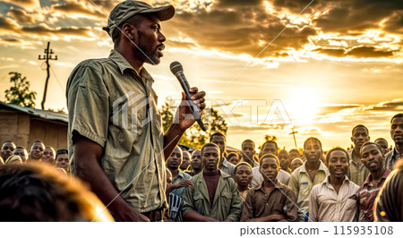 Man speaking into microphone in front of large group of people. 115935108