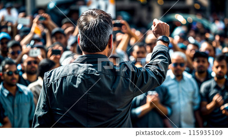 Man standing in front of crowd of people holding cell phone. Man standing in front of crowd of people holding cell phone. 115935109