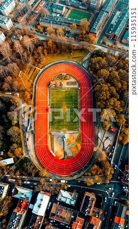 Aerial view of stadium with red track and green field. Aerial view of stadium with red track and green field. 115935151