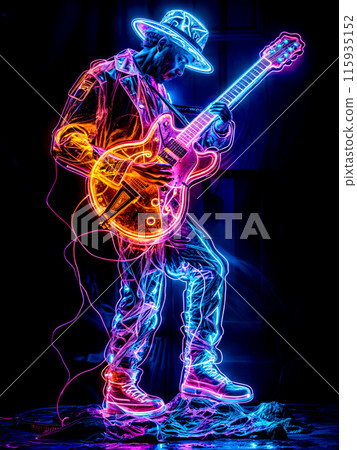 Man is playing guitar in neon lit room with neon light. Man is playing guitar in neon lit room with neon light. 115935152