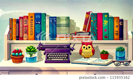 Painting of owl sitting on desk next to typewriter. 115935162