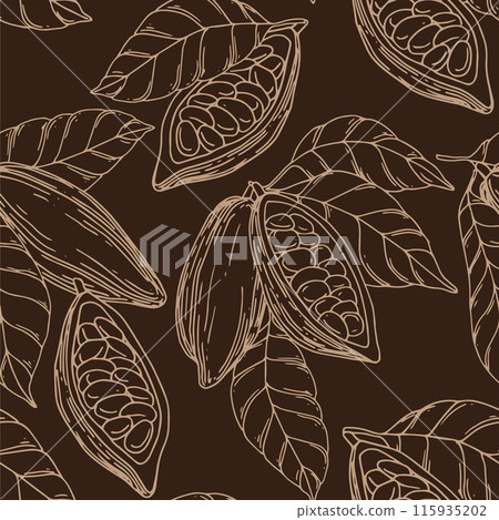 seamless pattern of cocoa beans, fruits and leaves. illustration with lines, sketch 115935202