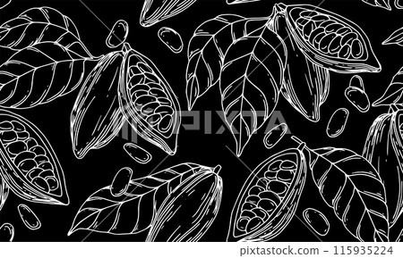 seamless pattern of cocoa beans, fruits and leaves. illustration with lines, sketch seamless pattern of cocoa beans, fruits and leaves. illustration with lines, sketch 115935224