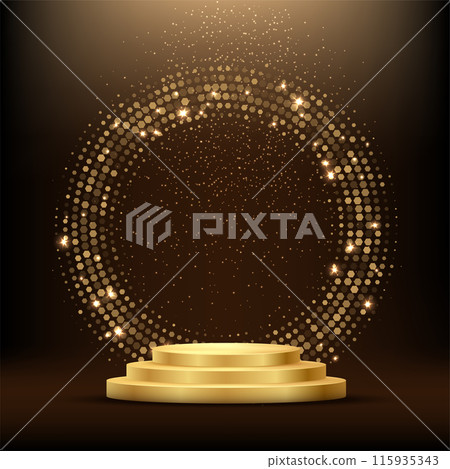 Golden podium with circle ring and glitter. Shining abstract background with gold elements. Yellow shiny circular stage. Modern futuristic graphic vector illustration. Glowing decoration Golden podium with circle ring and glitter. Shining abstract background with gold elements. Yellow shiny circular stage. Modern futuristic graphic vector illustration. Glowing decoration 115935343