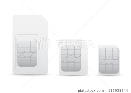 Set of different sizes SIM cards. White SIM, micro and nano cards with chrome chip for mobile phone. Vector gsm simcards 3d design isolated on white background 115935344